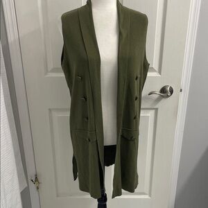 Olive Green Long Sleeveless Waterfall Open Knit Vest Sz M